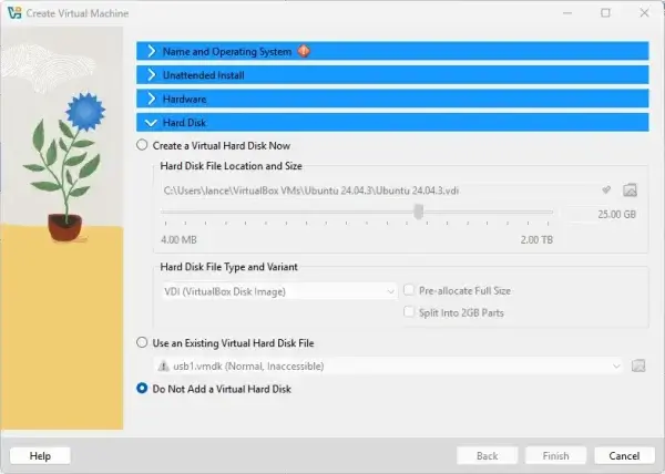 Running an ISO from Windows - Virtualbox Do not create Virtual Hard Disk