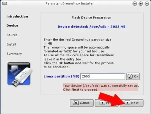 Once Dreamlinux partition has been created, click Next Once Dreamlinux partition has been created, click Next