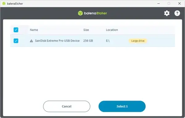 Etcher Burn ISO to USB Select Drive
