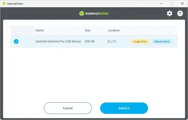 Etcher Source USB Drive to Clone