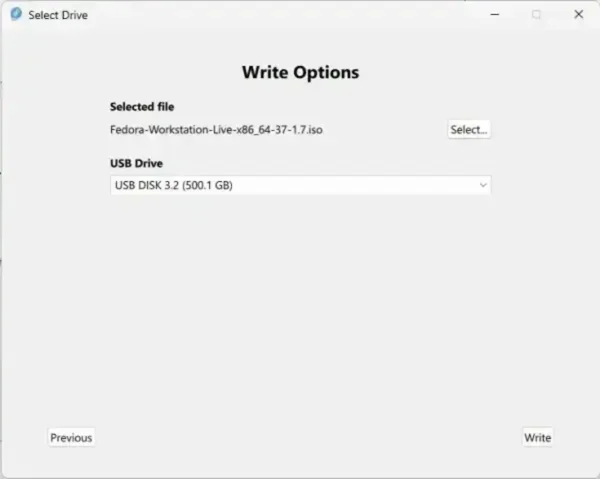 Fedora Media Writer select USB drive