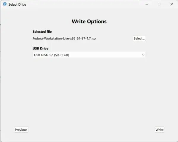 Fedora Media Writer   Select USB Drive