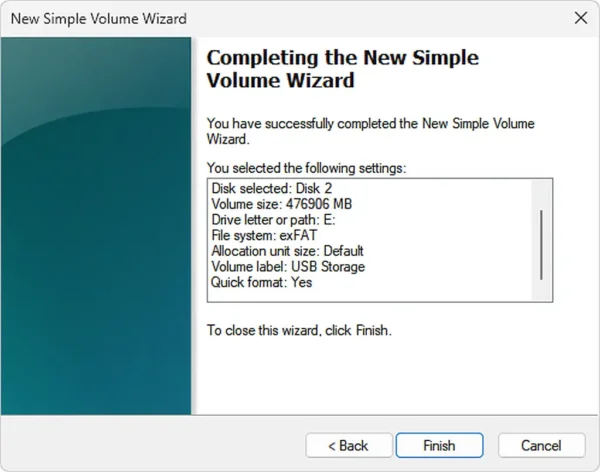 Click Finish to create the partition and recover lost space on a USB or fix a corrupted flash drive