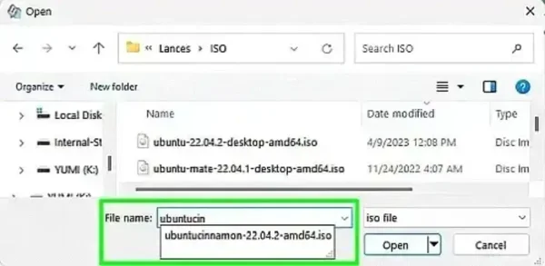 Screenshot showing how to force ISO filename selection for Cinnamon on Ubuntu in YUMI