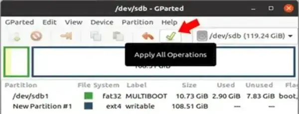 GParted Apply Changes Apply changes in GParted