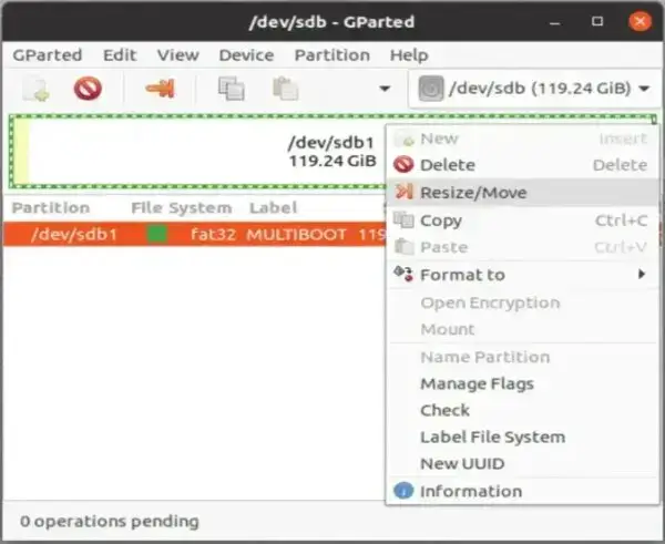GParted - Resize/Move GParted Resize and Move to create a casper-rw partition