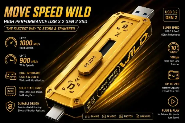 MOVE SPEED Wild Edition - Fast USB SSD flash drive with dual USB-C and USB-A connectors