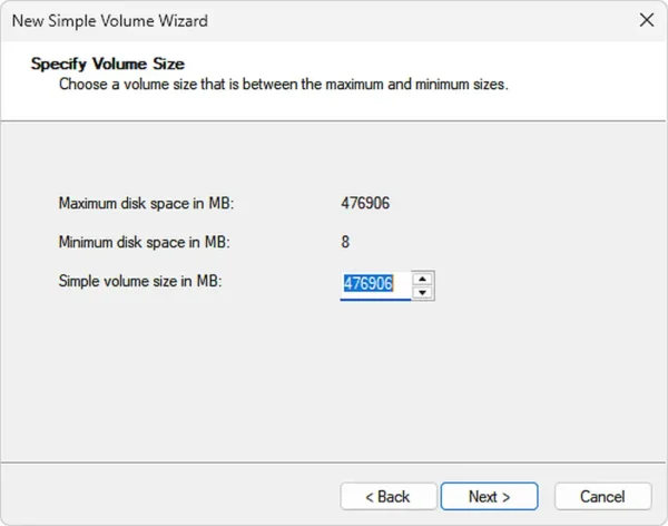 Specify Size of New Volume