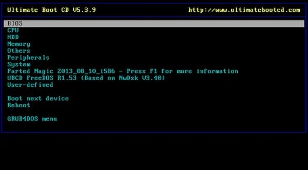 USB UBCD (Ultimate Boot CD) shown running from a USB flash drive Screenshot of UBCD running from USB