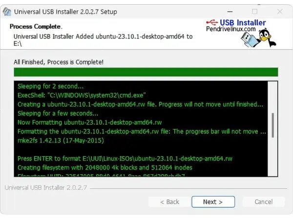 Universal USB Installer Progress Universal USB Installer Complete