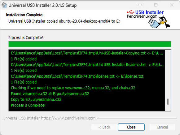 Universal USB Installer Progress Universal USB Installer Complete