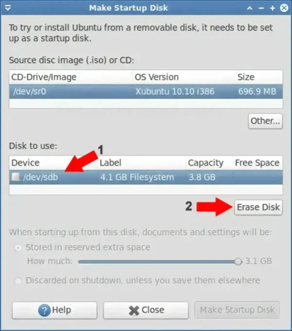 Erase USB Disk in Startup Disk Creator