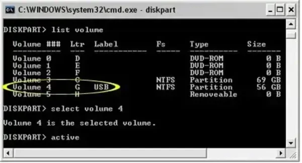 DiskPart list volume, select volume, active