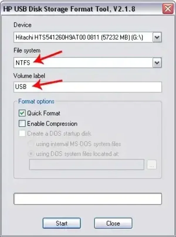 Format external drive as NTFS with label USB