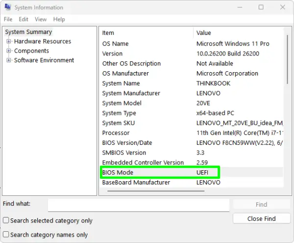 msinfo32 bios mode