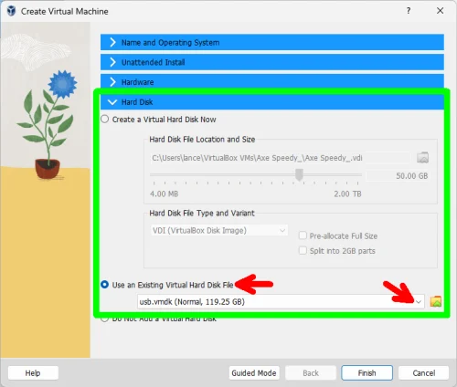 Select an Existing Virtual Hard Disk File usb.vmdk
