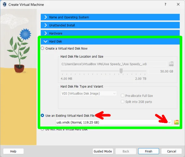 Select an Existing Virtual Hard Disk File usb.vmdk