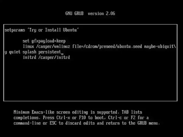 Editing the Ubuntu Cheat Codes GRUB boot options in Ubuntu, showing the addition of 'persistent' to enable persistence mode Ubuntu Cheat Codes