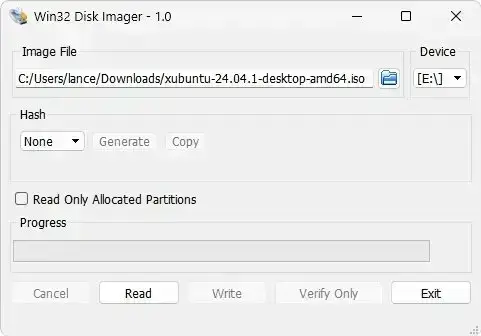 win32 disk imager - xubuntu on USB